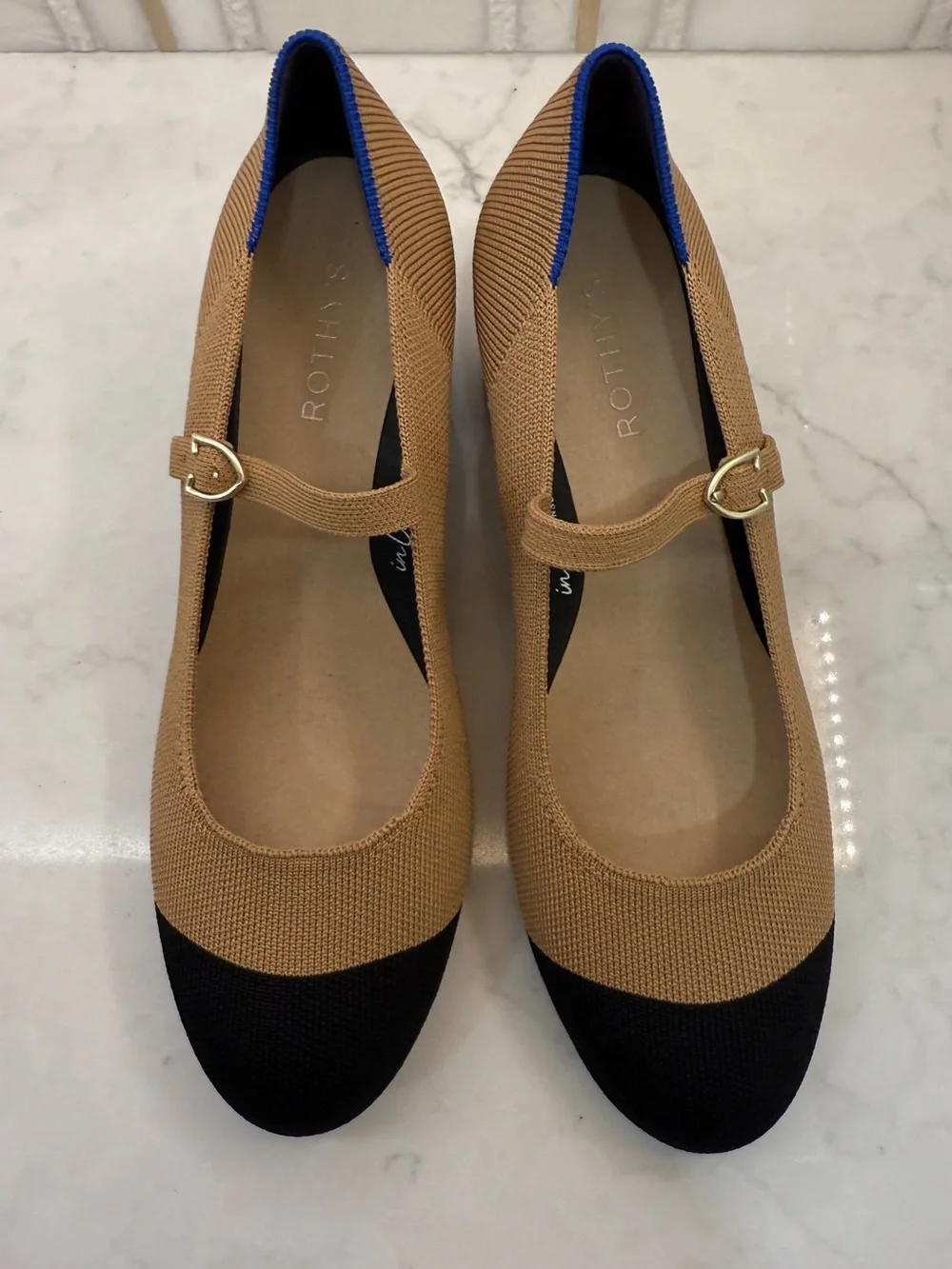 NWOB ROTHYS MARY JANE BLOCK HEEL CAP TOE CREAM BLACK 8.5 TAN CAMEL BLACK